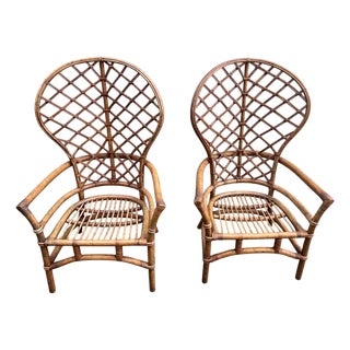 Late 20th Century Ficks Reed Peacock Fan Back Balloon Rattan Chairs a Pair For Sale