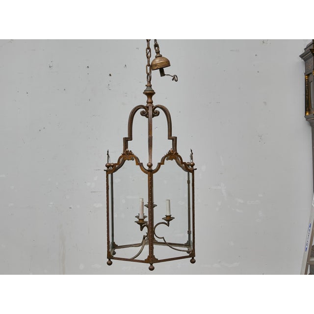 Tall French Wrought Iron Lantern With Glass Panels and Scroll Detailing - 1900s For Sale - Image 9 of 18
