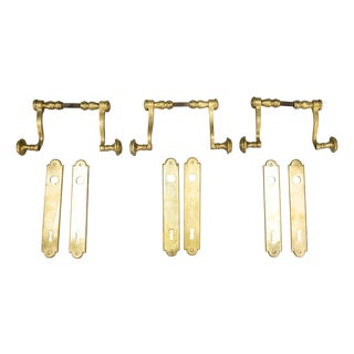 French Art Deco Brass Door Handle Sets with Keyhole Backplates, 1930s, Set of 9 For Sale