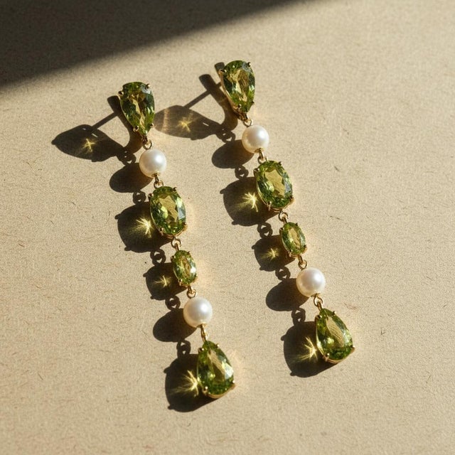 Metal Peridot & Pearl Drop Multi-Shape Earrings, Silver, Gold, Pair For Sale - Image 7 of 9
