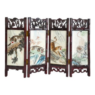 Vintage Chinese Folding Mini-Screen With Hand Painted Thin White Marble Panels For Sale