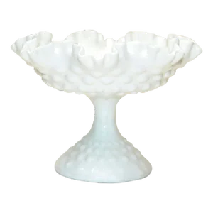Hobnail White Ruffled Milk Glass Footed Bowl, Candy Dish Cream Serving Bowl 1970