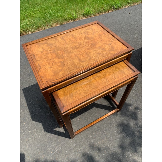 Elegant Knob Creek burl wood nesting tables. These tables have clean lines with pretty carved detail. The table tops are...