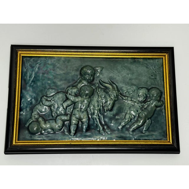 Turquoise Pair Arts & Crafts Ceramic Relief Plaques Children With Goat & Children With Satyr & Dog c.1909 Attributed to Reginald Robert Tomlinson For Sale - Image 8 of 18