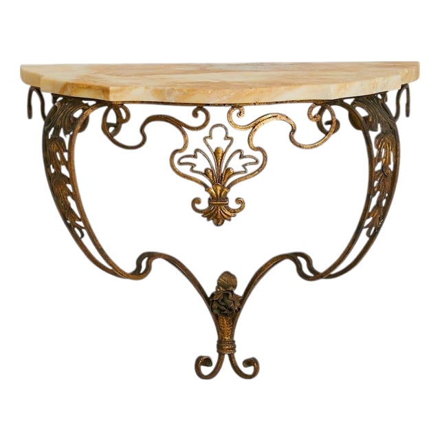 Petite French Brass + Marble Wall-Mounted Console, 1940s - 2 Available For Sale