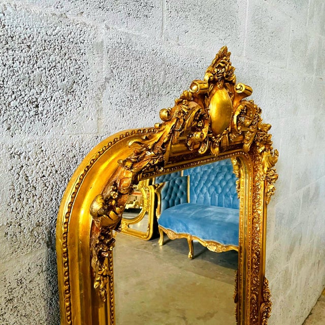 French French Style Gold Floor Mirror – 5 Ft Tall Statement Mirror With Ornate Gold Leaf Frame For Sale - Image 3 of 9