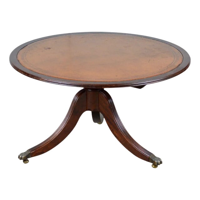 Victorian Tilt-Top Brown Leather Coffee Table in Carved Tripod Base Lion Castors For Sale