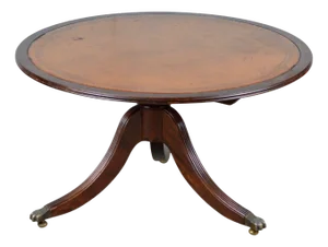 Victorian Tilt-Top Brown Leather Coffee Table in Carved Tripod Base Lion Castors