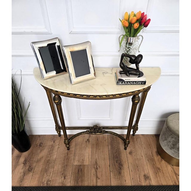 1950s Mid-Century Italian Demi Lune Wall Console Table in Gilt Wood with Marble Top, 1950s For Sale - Image 5 of 10