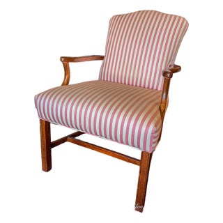 Vintage Wood Frame, Pink Stripe Upholstered Arm or Side Chair For Sale