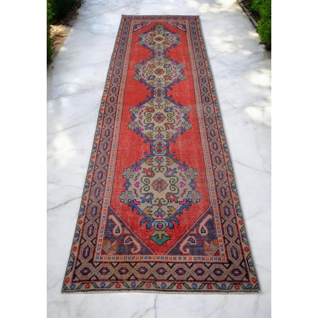 Offered is an one of a kind Turksih short runner rug, made in Anatolia approximately 40-60 years ago. The beautiful wool...
