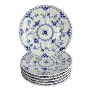 Set of 6 Royal Copenhagen Blue Fluted Full Lace Bread Plates 15 Cm #1088 Denmark For Sale