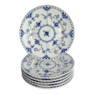Set of 6 Royal Copenhagen Blue Fluted Full Lace Bread Plates 15 Cm #1088 Denmark
