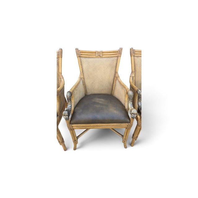 Set of 4 Asian Chinoiserie Faux Bamboo Armchairs With Sculptural Metal Fish Motifs For Sale - Image 9 of 17