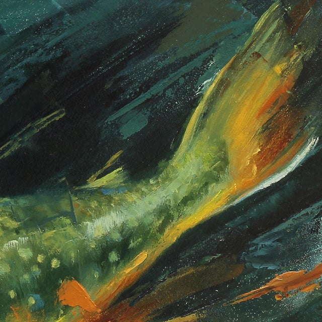 This oil painting captures the vibrant essence of a rainbow trout, skillfully rendered against a dark, fluid background...