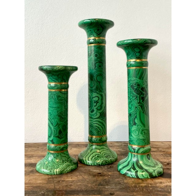 Vintage Italian Oggetti Faux Malachite Candlesticks - Set of 3 For Sale In West Palm - Image 6 of 12