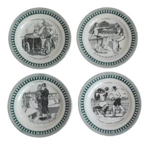 1920s Vintage French Sporting Humorous Faience Plates- Set of 4