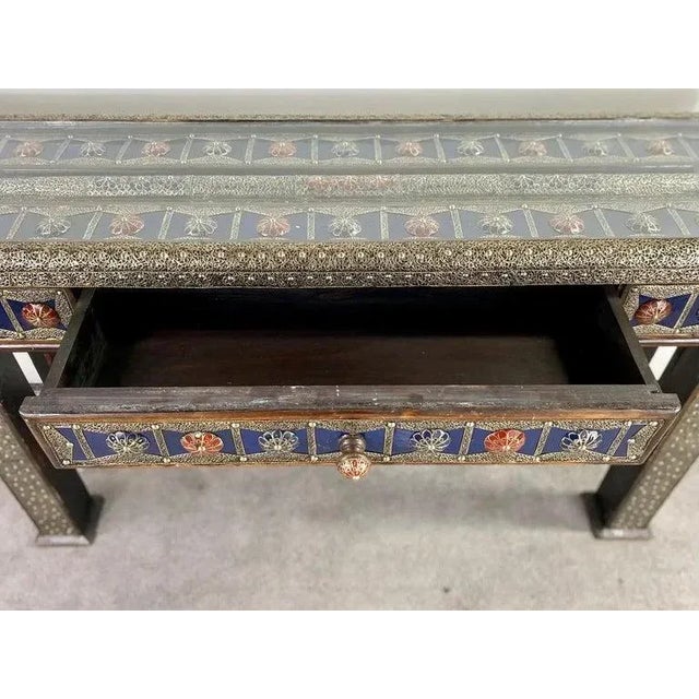 Hollywood Regency Style Blue & Silver Console With Filigree Design & One Drawer For Sale - Image 11 of 12