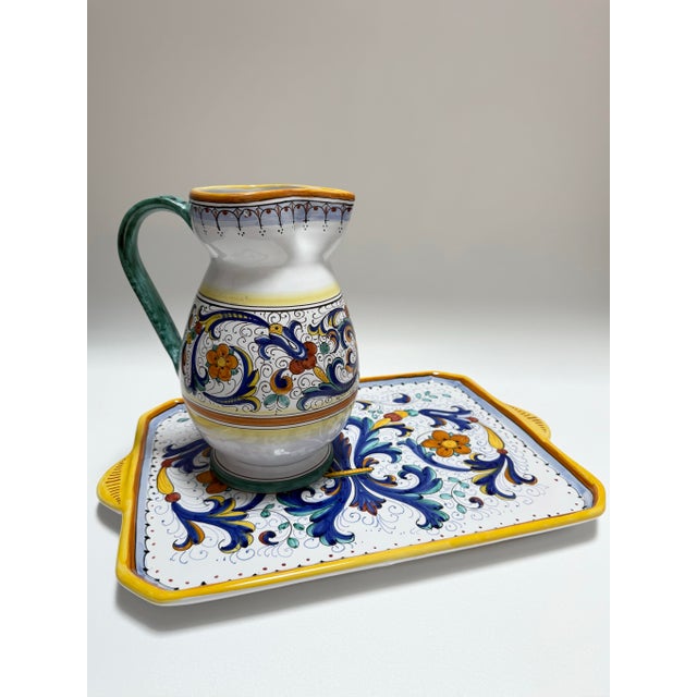 Deruta Large Italian Hand Painted Ricco Deruta Pottery Water Pitcher For Sale - Image 4 of 11