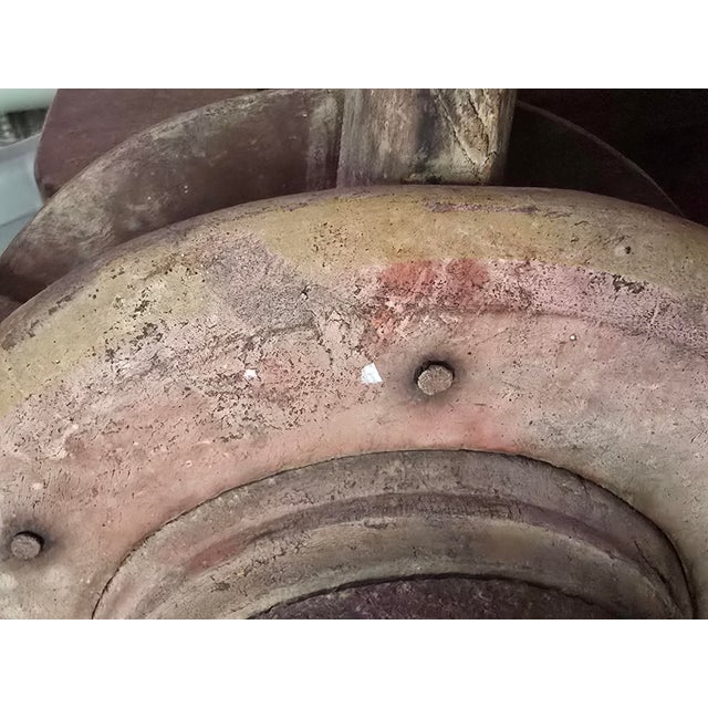 Large Industrial Wooden Pulley Wheel With Vintage Stenciled Lettering — 30” For Sale In Dallas - Image 6 of 10