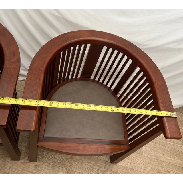 Rare Set of Stickley Lounge Chairs Spindle Barrel Back Solid Cherry, Leather 1a For Sale - Image 9 of 12