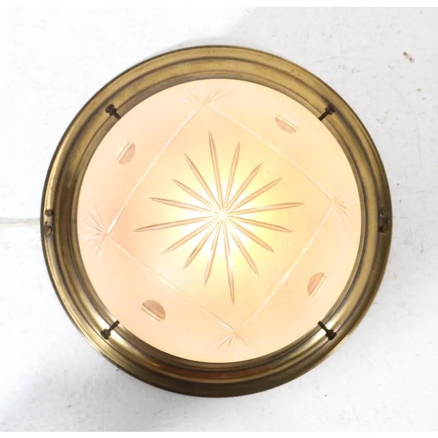 Art Nouveau Patinated Brass Cut Blown Glass Flush Mount Ceiling Light, 1900s For Sale - Image 6 of 8