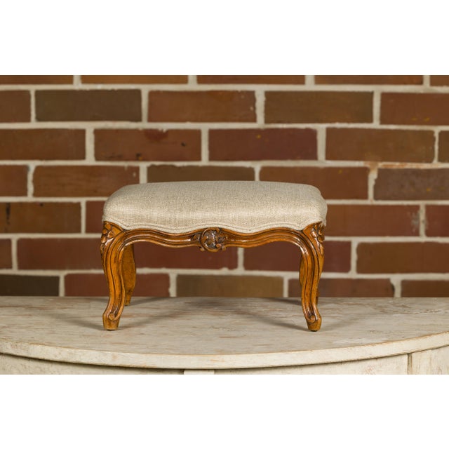 19th Century French Louis XV Style Walnut Footstool with Custom Linen Upholstery For Sale - Image 9 of 12