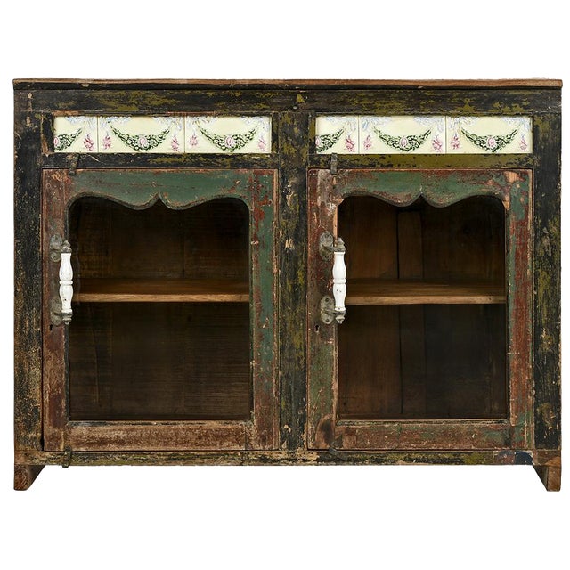 Small Wooden Sideboard with Ceramic Tiles For Sale