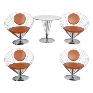 Wire Cone Chair Set with Brown Patinated Leather by Verner Panton for Fritz Hansen, 1980s, Set of 3 For Sale