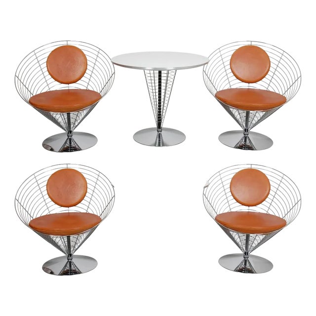Wire Cone Chair Set with Brown Patinated Leather by Verner Panton for Fritz Hansen, 1980s, Set of 3 For Sale