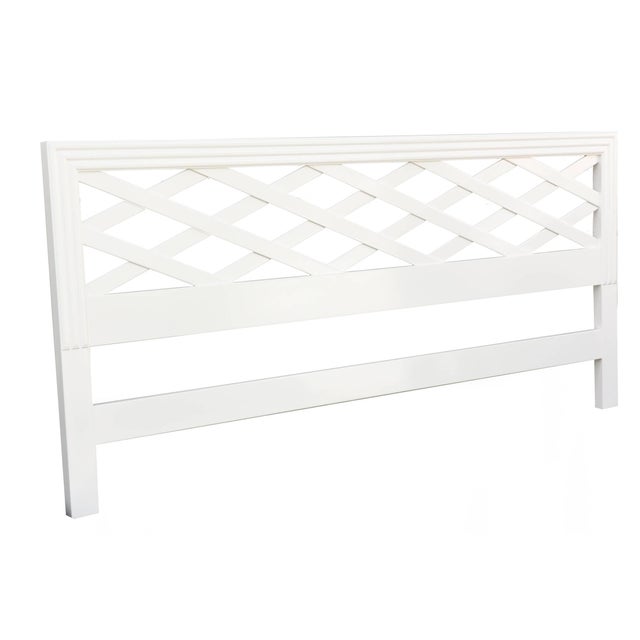 This cross diamond patterned newly white lacquered king-size headboard is in the style of Paul Frankl. It is vintage and...