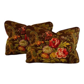American Folk Kings Muir Brown Red Gold Green Botanical Floral Rose & Chrysanthemum Bouquet Lumbar Pillow Covers- Pair For Sale