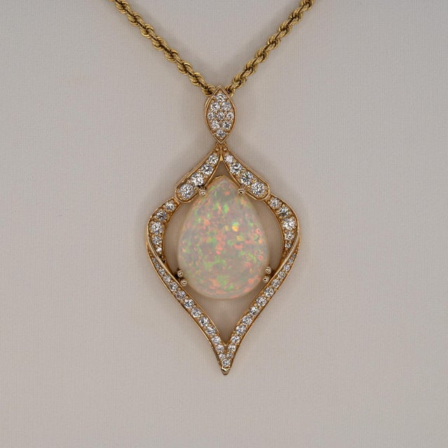 2020s Ethiopian Opal With Natural Diamond Accents: Solid 14k Gold - Pear Cut 18x13mm For Sale - Image 5 of 8