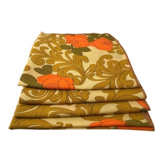 Mid Century Orange Green and Gold Patterned Napkins - Set of 4 For Sale