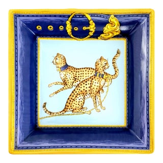 Vintage Hermes Style Tray or Ashtray- Painted Porcelain With Trompe l'Oeil Blue & Gold Belt - Signed Porcelaine De Paris France - Big Cats Leopards For Sale