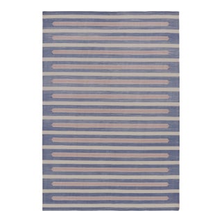 Rug & Kilim’s Contemporary Dhurrie Rug in Blue and Cream With Stripes For Sale