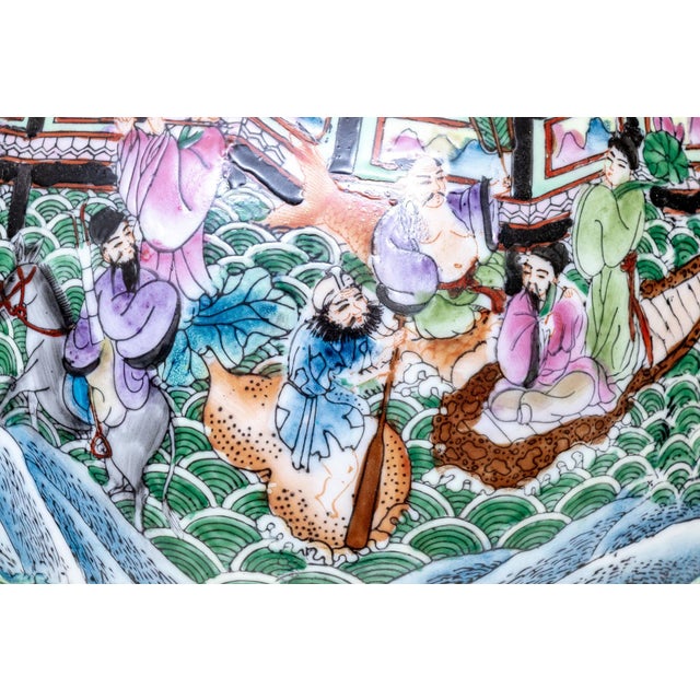 Chinese Famille Rose Millefleurs Hu-Form Porcelain Table Lamp | Figural Scenes | Mid-20th Century | With Shade For Sale In Boston - Image 6 of 13
