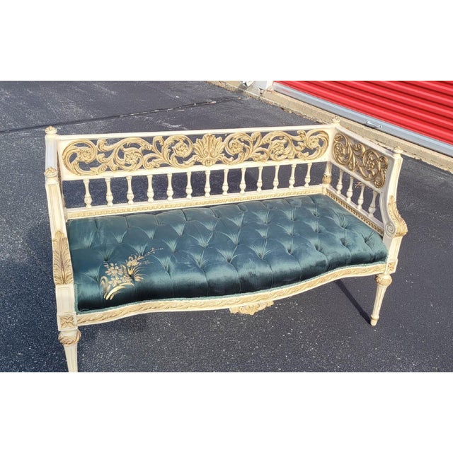 French Louis XVI Style 3-Seater Sofa Green Velvet Settee Couch, all made in unique corbeille form. The new sofa is very...