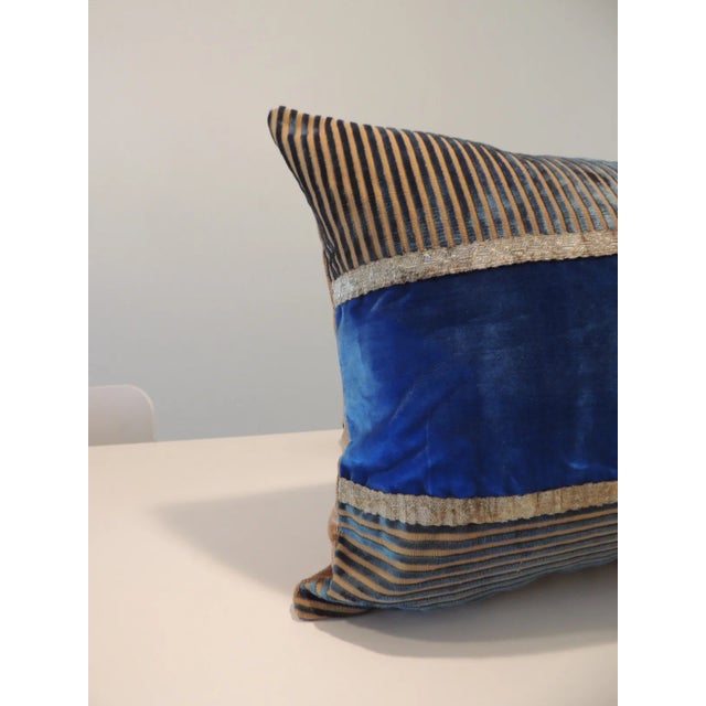 Vintage Blue & Gold Silk Velvet Decorative Bolster Pillow For Sale In Tampa - Image 6 of 6