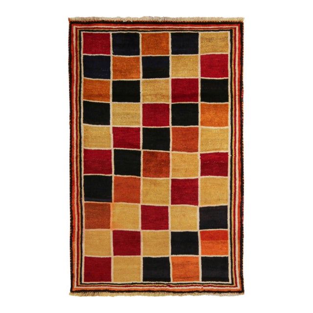 1950s Vintage Gabbeh Tribal Rug in Red, Gold, Orange and Black Geometric Pattern For Sale