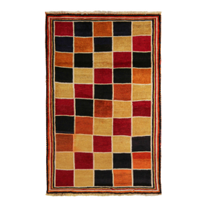 1950s Vintage Gabbeh Tribal Rug in Red, Gold, Orange and Black Geometric Pattern