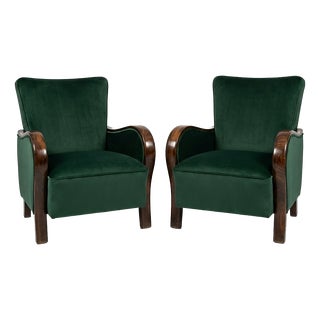 Art Deco Velvet Lounge Chairs in Dark Green Velvet, Set of 2 For Sale