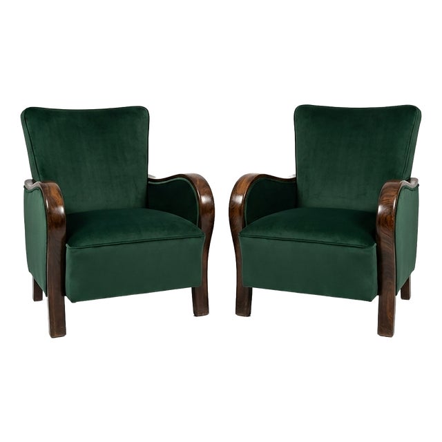 Art Deco Velvet Lounge Chairs in Dark Green Velvet, Set of 2 For Sale