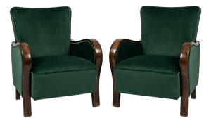 Art Deco Velvet Lounge Chairs in Dark Green Velvet, Set of 2