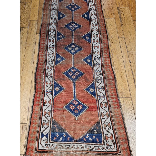 19th Century Kurdish Runner Rug, Hand-Knotted Wool, Geometric Medallion Pattern, Terracotta & Navy, 3x12 For Sale - Image 10 of 16