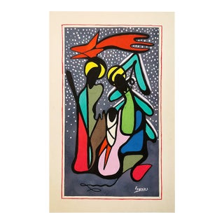 1960s the Holy Family Under the Star of Bethlehem the Nativity Scene Vintage Polychrome Serigraphy Mixed Art by Eugenio S. For Sale