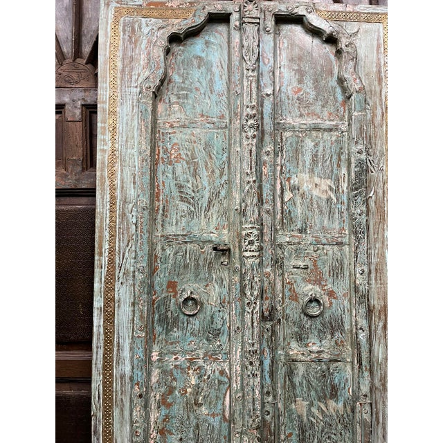 Antique Indian Carved Double Doors With Hand-Forged Brass Rustic Teak Entry Doors 81.5 For Sale - Image 4 of 6