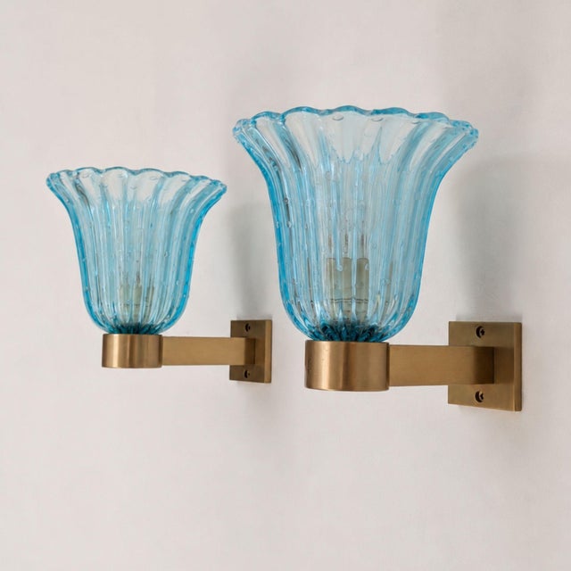 1950s 1950s Mid-Century Modern Murano Glass Sconces Brass Wall Lights Barovier & Toso - Pair For Sale - Image 5 of 10
