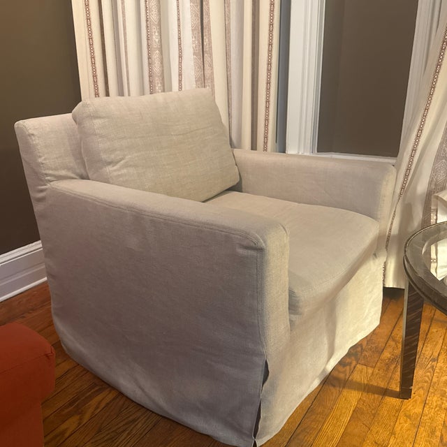 Textile Pair Restoration Hardware Belgian Slipcovered Square Arm Lounge Chairs Linen Skirted For Sale - Image 7 of 9