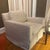 Textile Pair Restoration Hardware Belgian Slipcovered Square Arm Lounge Chairs Linen Skirted For Sale - Image 7 of 9